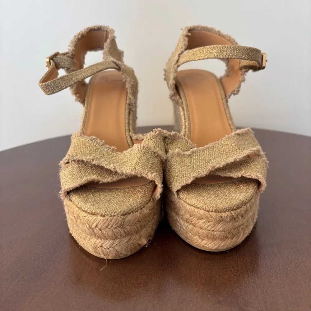 Castañer Bromelia Frayed Metallic Canvas Wedge Espadrilles, Size 39/ US 8